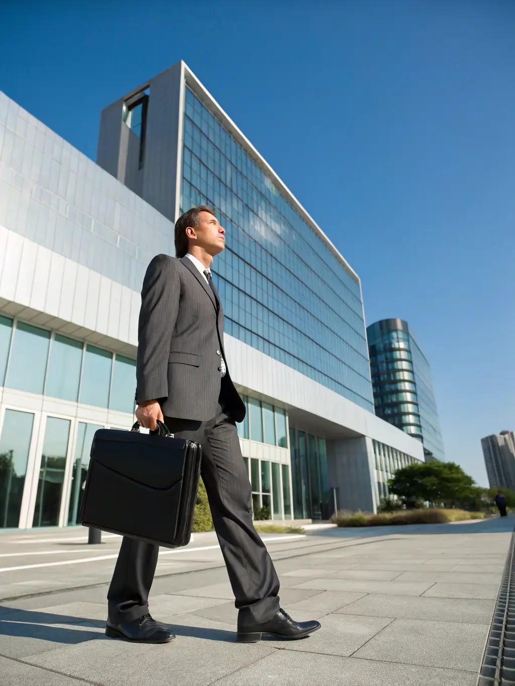 A determined business coach in a sharp suit, standing confidently in front of a modern London office building, symbolizing leadership and success in the UK business environment.