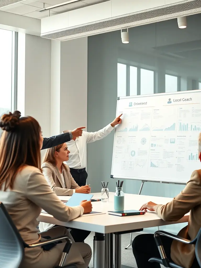 An image of a coach in a modern office, guiding a startup team through a brainstorming session, emphasizing collaboration and strategic thinking.